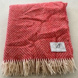 BRONTE by Moon Flame Red Herringbone Shetland Wool Throw Blanket with Fringe